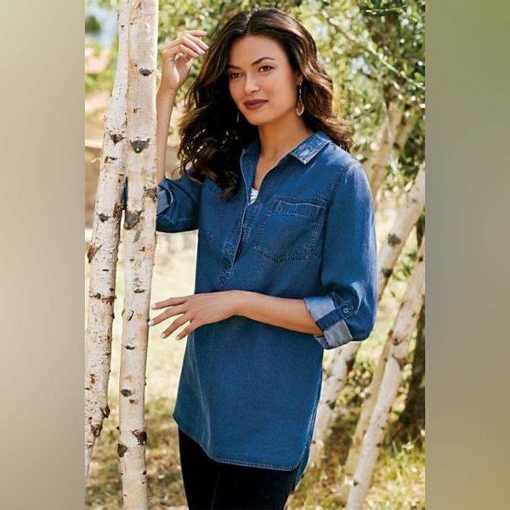 Soft Surroundings- Boulevard Big Shirt Denim Blue 100% Tencel Long Line, Size L